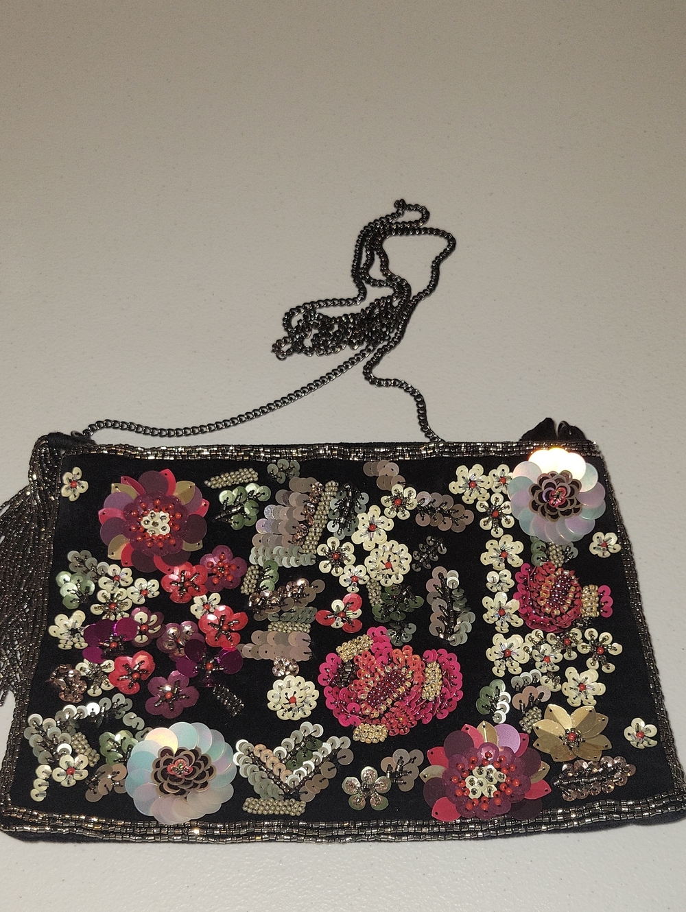 Beautiful Sequined Hillary Scott Embellished Black Clutch with Chain Strap